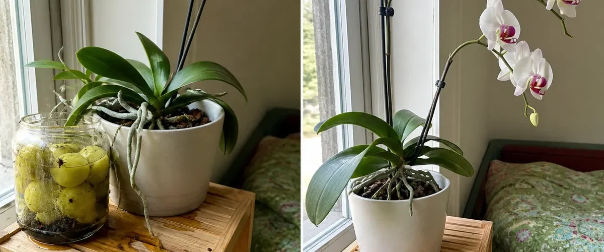 Guava residue on orchid before clean roots and flower spike afterward