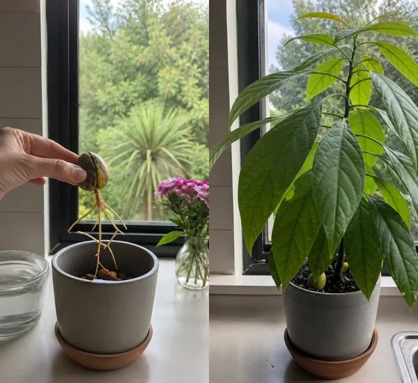 Bare avocado pit before a vigorous glossy young houseplant afterward